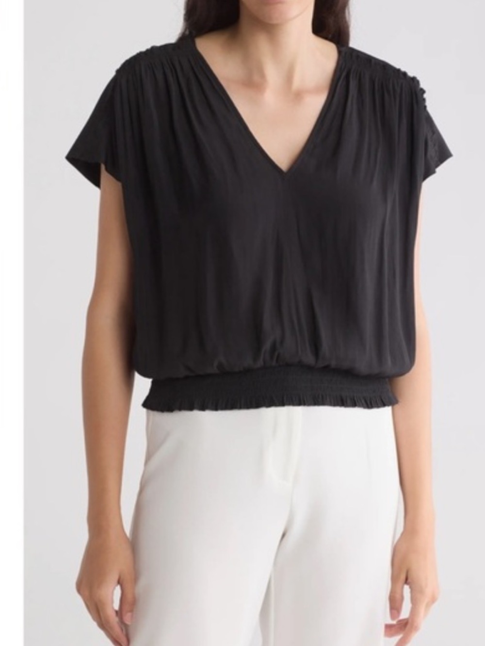 RAMY BROOKE L Caddy black ruffle cap sleeve lightweight elastic waist blouse